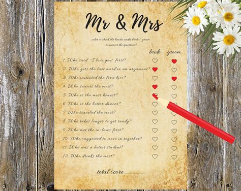 Mr And Mrs Questions Wedding Game Hen Party Game Mr And Mrs Game At Wedding Quiz Wedding