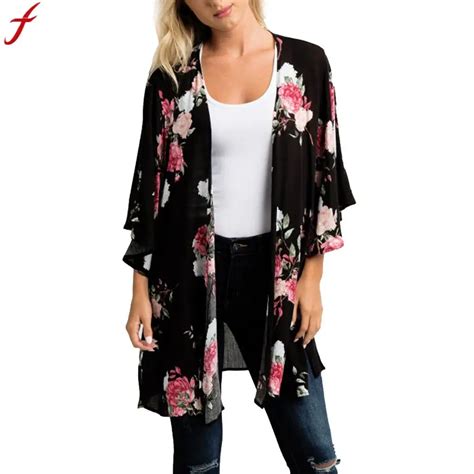 Feitong Kimonos Mujer Verano Women Chiffon Shawl Floral Print