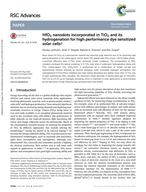 Hfo Nanodots Incorporated In Tio And Its Hydrogenation For High