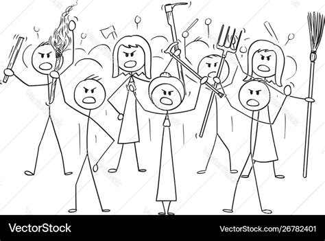 Cartoon angry mob stick characters with tools Vector Image