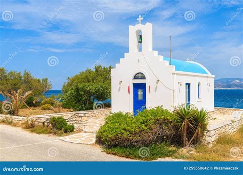 typical greek white church building  ampelas fishing village paros