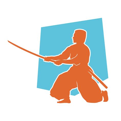 Silhouette of aikido martial art man carrying bokken sword weapon. Silhouette of a kendo ...