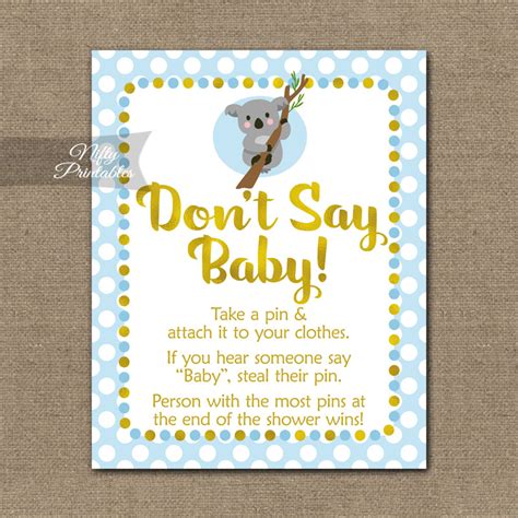 Don T Say Baby Shower Game Koala Blue Gold Nifty Printables