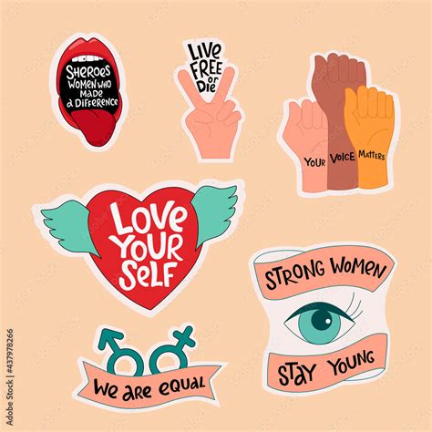 Vecteur Stock Feminist And Women Empowermentdiversity Stickers Set Handwritten Phrase Slogan