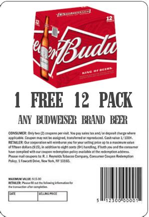 Coupon for 1 Free 12 Pack of Budweiser