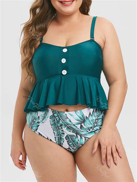 Peplum Hem Buttoned Leaves Print Plus Size Tankini Swimsuit [34 Off