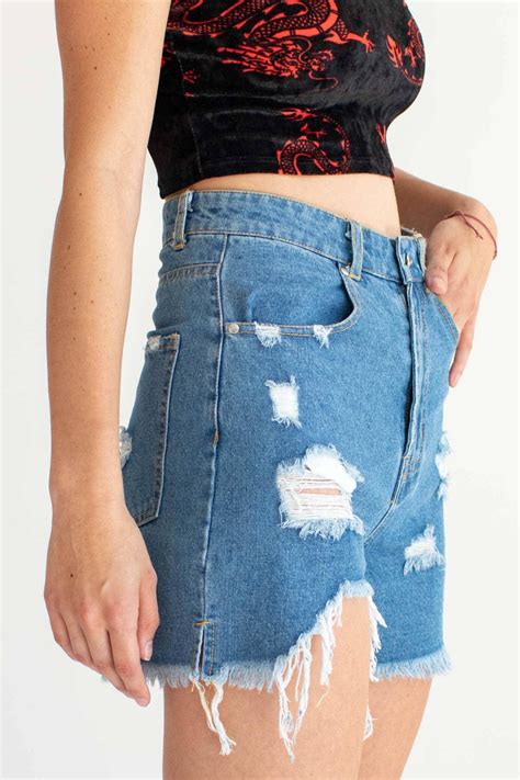 Blue High Rise Cut Off Denim Shorts