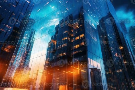 Office buildings in financial district with night lights and sky
