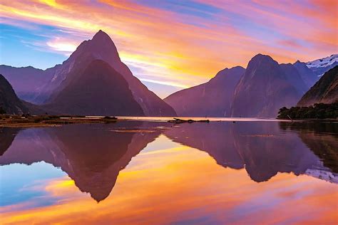 Milford Sound New Zealand Colors Sky Mountains Water Reflections