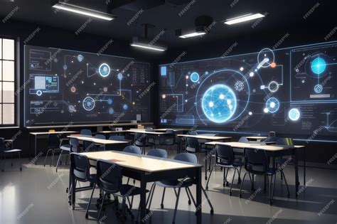 Premium Ai Image Futuristic School Classroom With Augmented Reality Projected In A Electronic