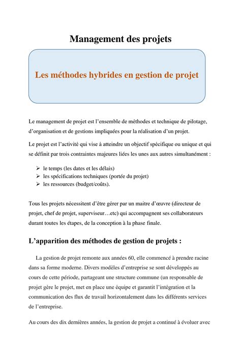 SOLUTION Les méthodes hybrides de la gestion de projet méthode