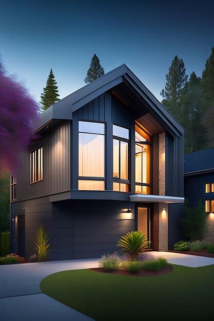 Premium Photo | Exterior image of a new modern house with large window