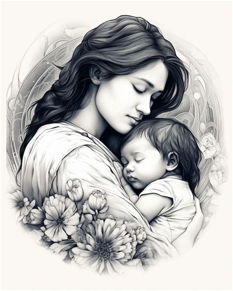 Premium Photo | Mother with child Drawing of a woman holding a child pencil drawing mother ...