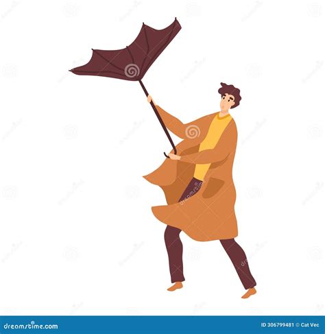 Man Struggling Large Umbrella Windy Day. Male Character Fighting