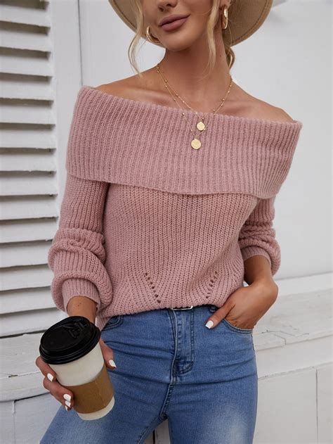 Off Shoulder Foldover Ribbed Knit Sweater