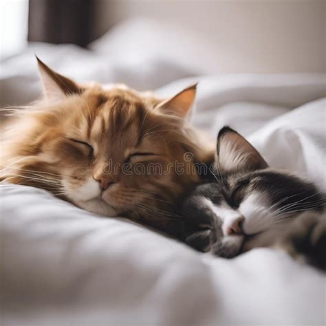 Ai Generated Illustration Of Two Cats Snuggled Up Together On A Bed