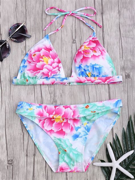 Padded Halter Floral Bikini Swimwear In Colormix L Rosegal