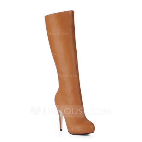 Womens Leatherette Stiletto Heel Platform Closed Toe Knee High Boots