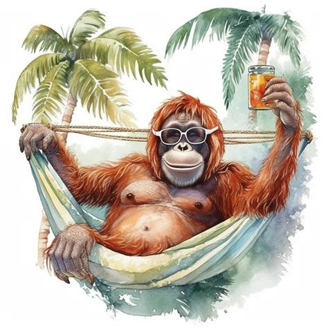 Painting Of A Monkey With Sunglasses And A Drink In A Hammock