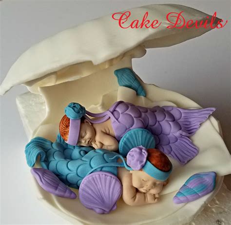 Twins Mermaid Baby Shower, Twin Fondant Mermaids in a Clam shell Cake Topper, Cake Decorations ...