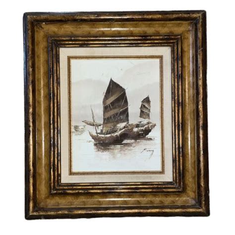 Vintage P Wong Oil Painting Canvas Framed Seascape Nautical Junk Boats