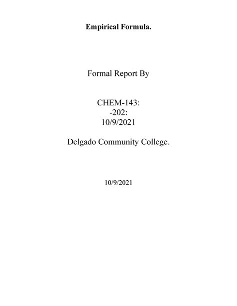 Lab 5 The Empirical Formula Empirical Formula Formal Report By Dunya