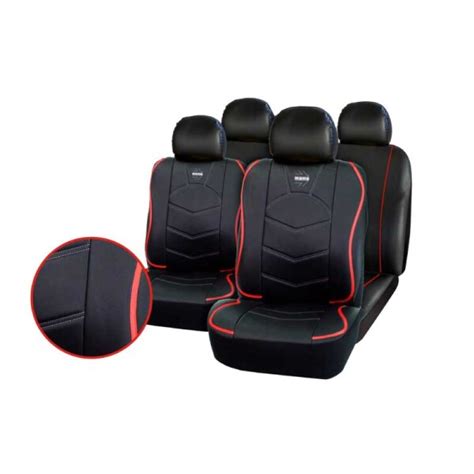 Juego Cubreasiento Momo Auto Combinado Ecocuero Y Tela Negro Con Rojo