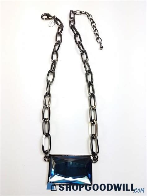 Lia Sophia Gun Metal Tone Blue Glass Gem Fixed Pendant Necklace