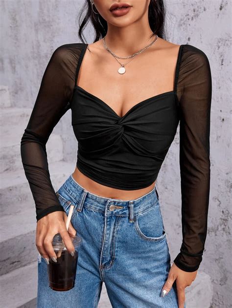 Shein Bae Contrast Mesh Twist Front Crop Top ⋆ Women S Store