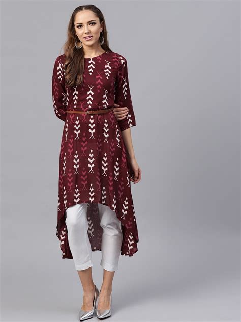 Buy Sassafras Women Maroon And Off White Ikat Print High Low A Line Kurta