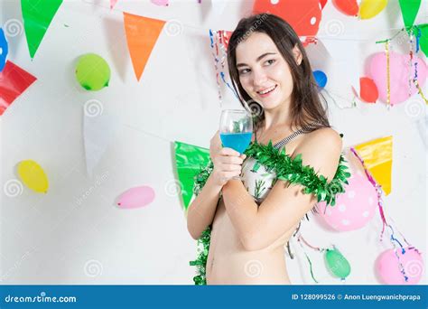 Hot Girl Wearing Bikini Dancing Party Event New Year Or B Stock Photo