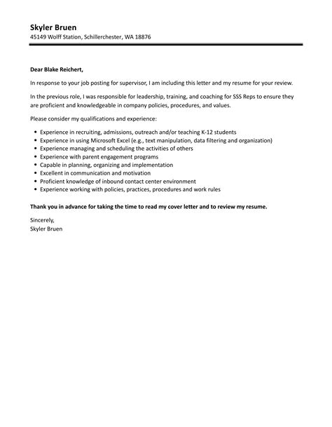 Supervisor Cover Letter Velvet Jobs