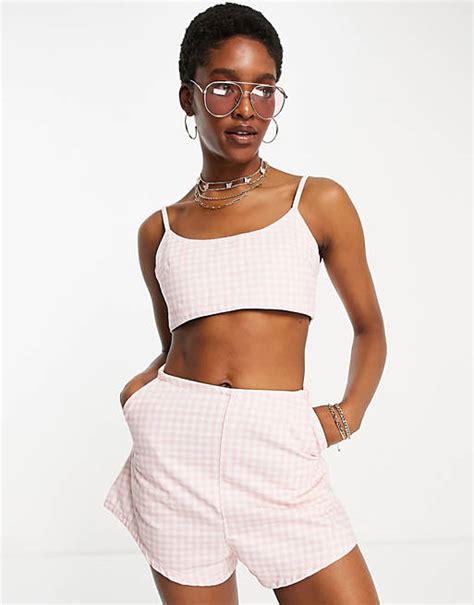 Asos Design Denim Bralette Met Gingham Ruit In Roze Deel Van Co Ord