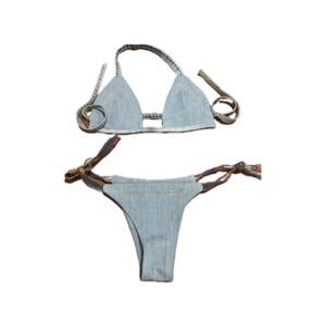 S M Denim Bikini Two Piece Set Cheeky Tie Sides And Halter Top