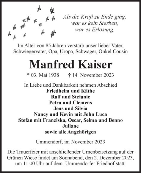 Traueranzeigen Von Manfred Kaiser Abschied Nehmen De