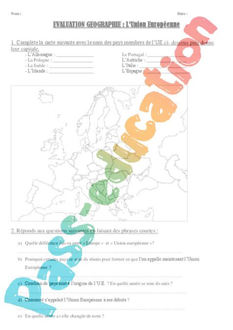 PDF Exercice les pays et les capitales de L union Européenne Fiche 5