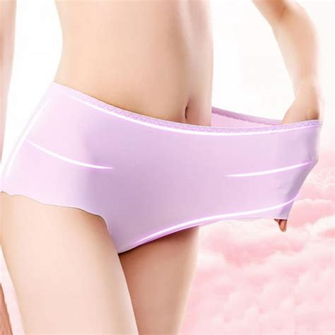 Women Ice Silk Seamless Ultra Thin Briefs Quick Dry Stretch Mid Waist Panties Underwear Plus