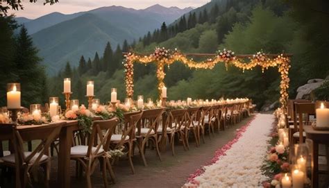 A wedding reception with a mountain in the background | Premium AI ...