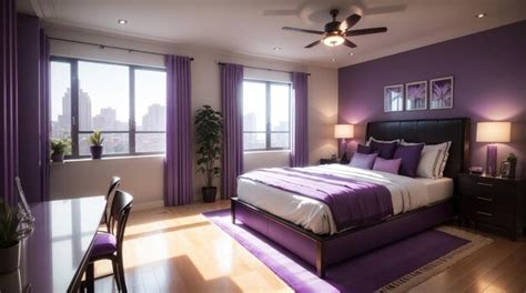 Premium Photo | A modern bedroom with wooden furniture in purple tone