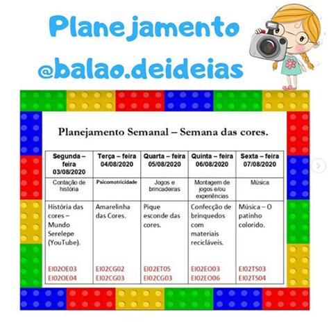 Planejamento Semanal Tema Cores Bal O De Ideias