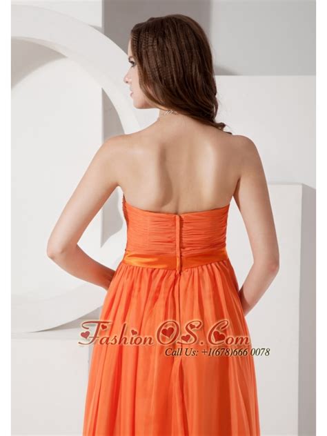 Orange Red Empire Evening Dress Strapless Chiffon Ruch Floor Length