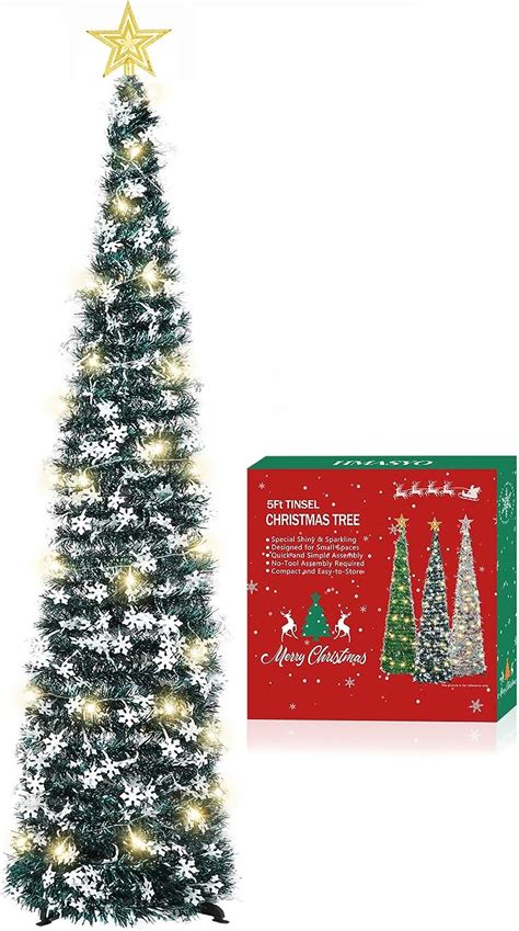 HMASYO Árbol de Navidad de oropel de 5 pies con 50 luces LED cálidas