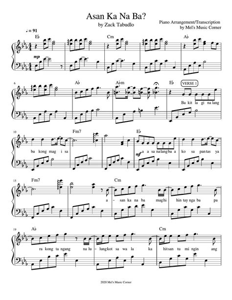 Zack Tabudlo Asan Ka Na Ba Piano Sheet Music Partitura By Mel S Music Corner