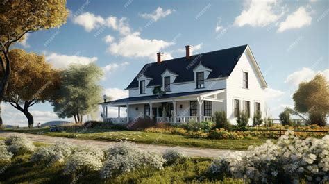 Premium Photo | A farmhouse with a white exterior and black shutters