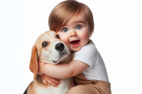 Premium Photo | Baby tightly hugging funny surprised home pet dog ...