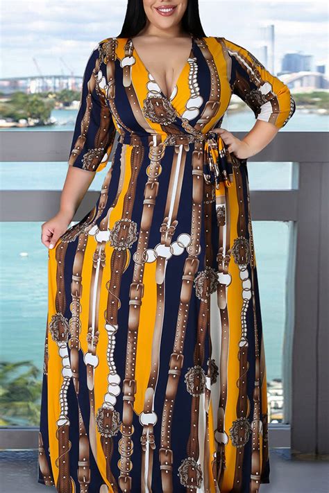 Yellow Elegant Print Bandage Patchwork Slit V Neck Printed Dress Plus Size Dressesplus Size