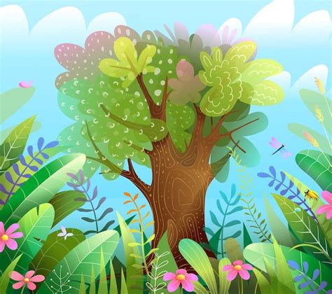 Premium Vector Big Tree In Forest Scenery Kids Colorful Wallpaper