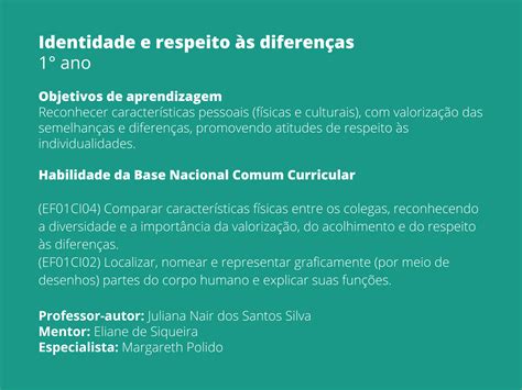 Plano de aula 1o ano Identidade e respeito às diferenças