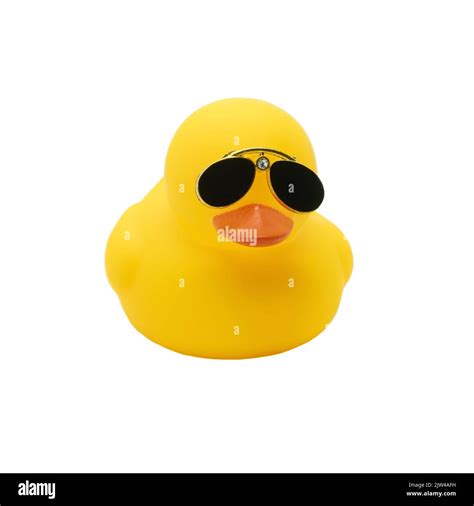 Yellow Duck Toy With Black Sunglasses Isolated On White Background