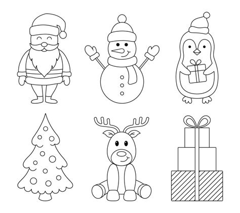 Set Of Christmas Outline Characters Symbols And Decorative Elements